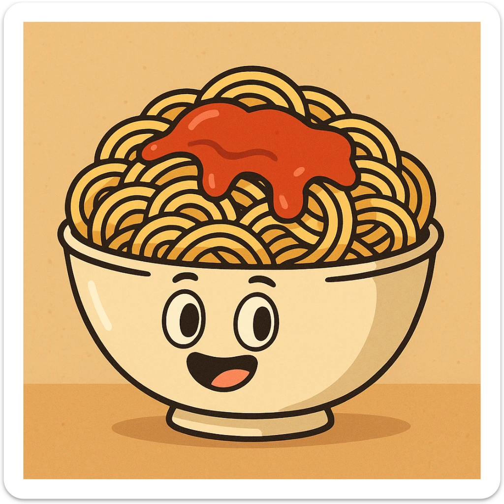 a bowl of spaghetti topped with ketchup, cartoon style, vibrant and fun sticker