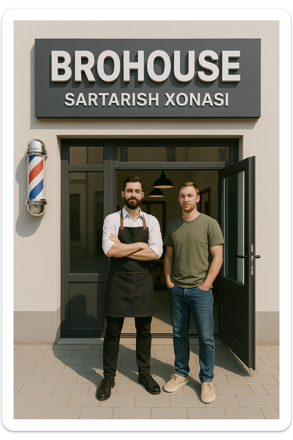 eni shu rasimga boyagi sartaosh oka eshik oldida tursin va tashqarida esa mijoz sticker