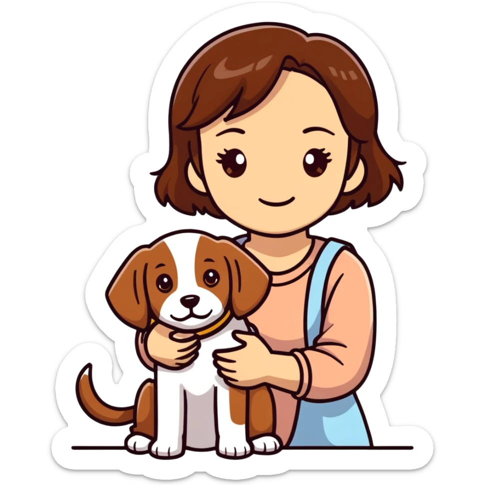 A girl with brown hair and brown eyes with dog York  sticker