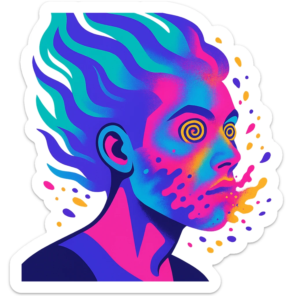 surreal portrait of a person with neon skin, face dissolving in an explosion of colors, airbrush effect, hair as swirling liquid color streams like northern lights, hypnotic spiral eyes, geometric elements along face contour, paint particles flying away, acid purple, turquoise, and electric pink blending, sense of movement sticker