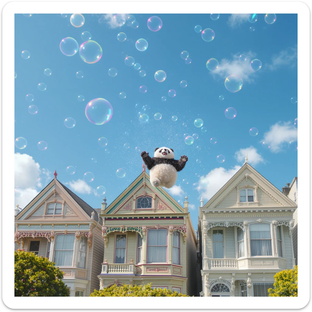 cinematic still of a group of panda bears in bubbles drifting above San Francisco’s painted ladies, sunny day, lively colors, joyful energy, rainbow accents sticker