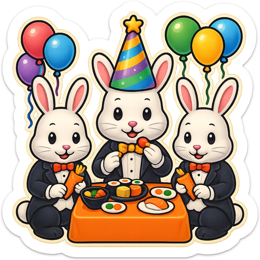 Add a fourth bunny so there are four bunnies together, all clearly visible, eating sushi at a birthday party, keep the festive emoji style, preserve the background transparency. sticker