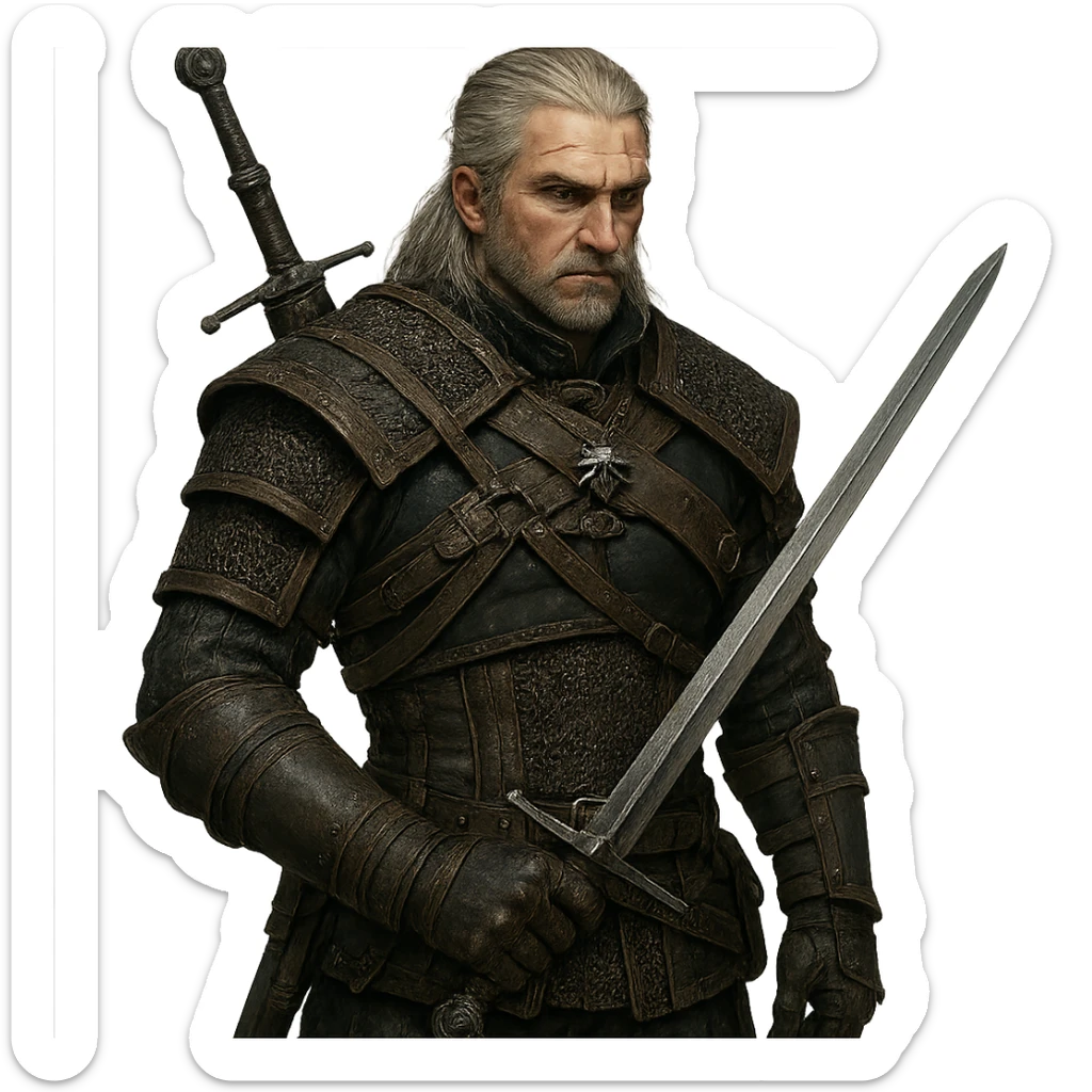 Witcher character in the style of The Witcher series, detailed armor and sword. sticker