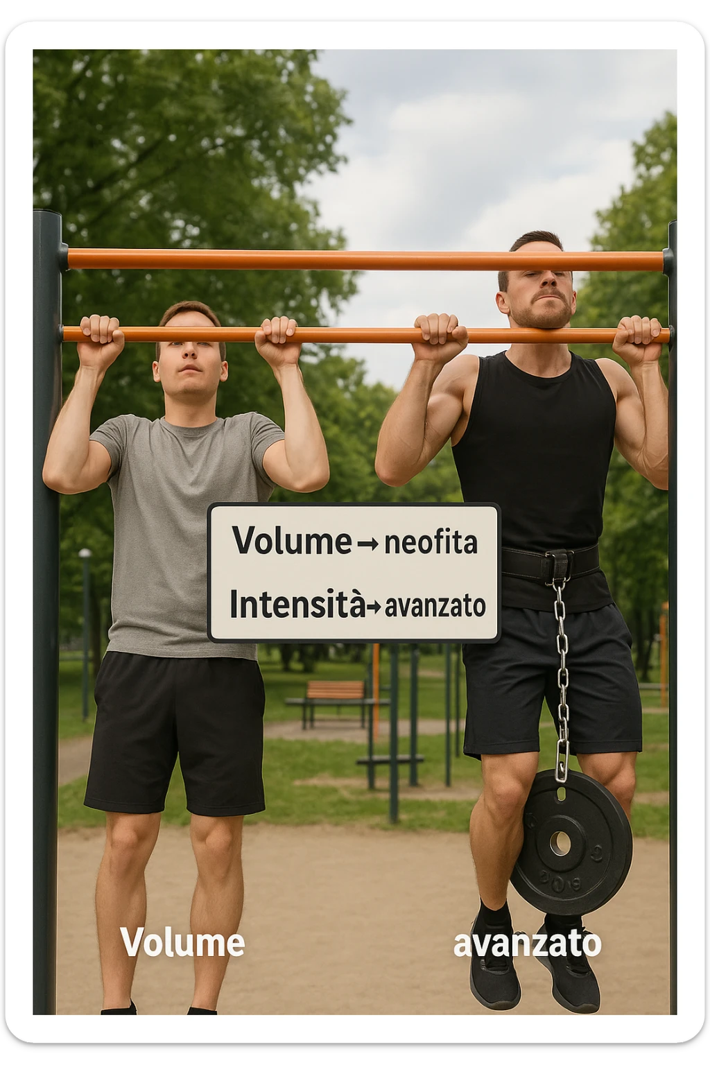 Due atleti fianco a fianco in un parco attrezzato: a sinistra il neofita che fa 10 trazioni leggere con concentrazione, a destra l’atleta avanzato con cintura zavorrata che fa 3 ripetizioni lente e pesanti. Tra loro, grafico sospeso in aria che mostra: 'Volume → neofita | Intensità → avanzato'. Stile realistico con elementi educativi visivi in italiano sticker
