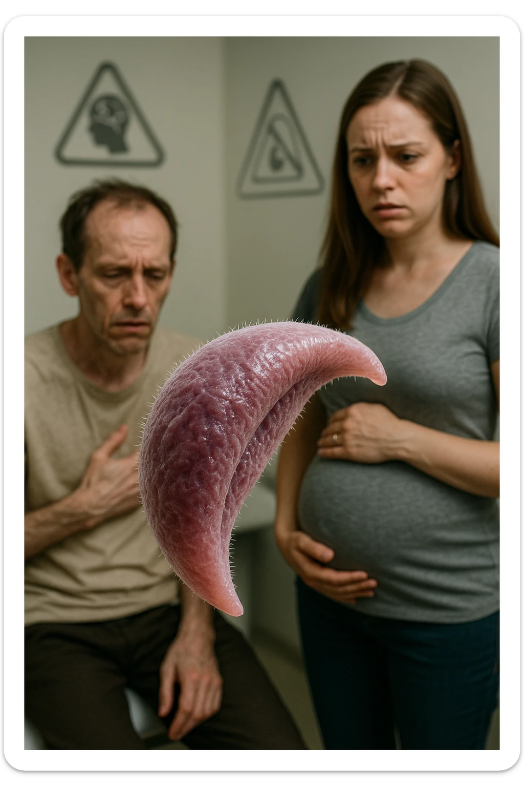 Toxoplasma gondii, infetta uomo immunodepresso e donne incinta. Causando gravi problemi tutto scritto in italiano immagine iperrealistica sticker