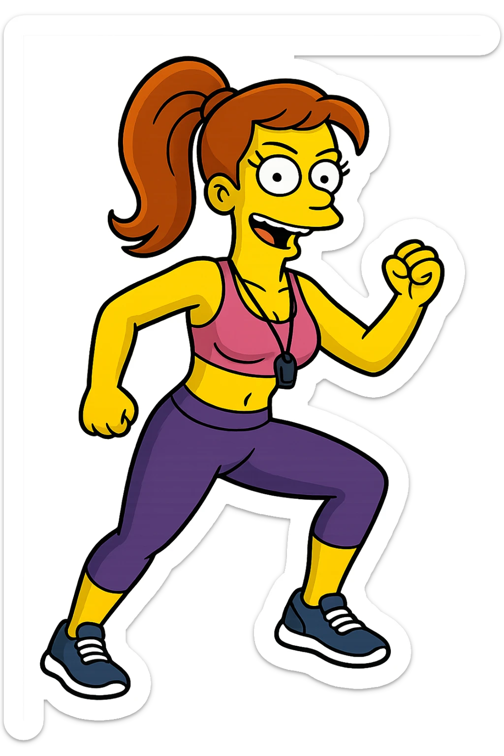 female fitness trainer, clear Simpsons cartoon style sticker