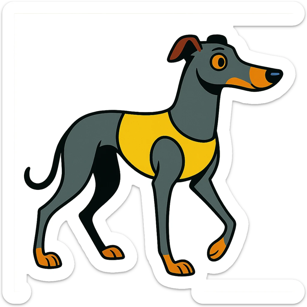 grey greyhound, full body, looking to the side, racing dog, vibrant cartoon style sticker