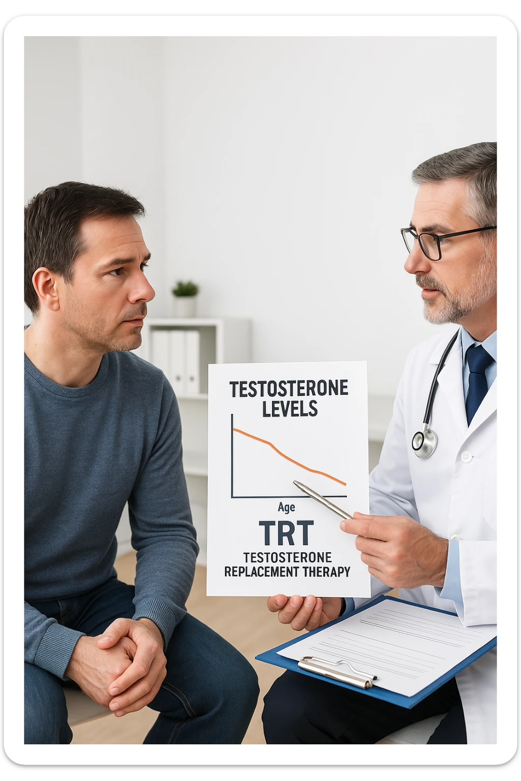 a man in his 40s sits in a doctor’s office, listening attentively as a physician explains TRT (Testosterone Replacement Therapy). The doctor holds a prescription pad and points to an educational chart showing testosterone levels. The mood is professional and informative, with a clean, clinical background. in italiano sticker