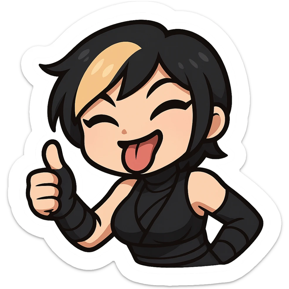 Sexy chibi ninja girl with black short hair and a blonde streak, only head and arms, giving a thumbs up, bold outlines, no mask, making a silly face with tongue out, sized for Twitch emoji use. sticker