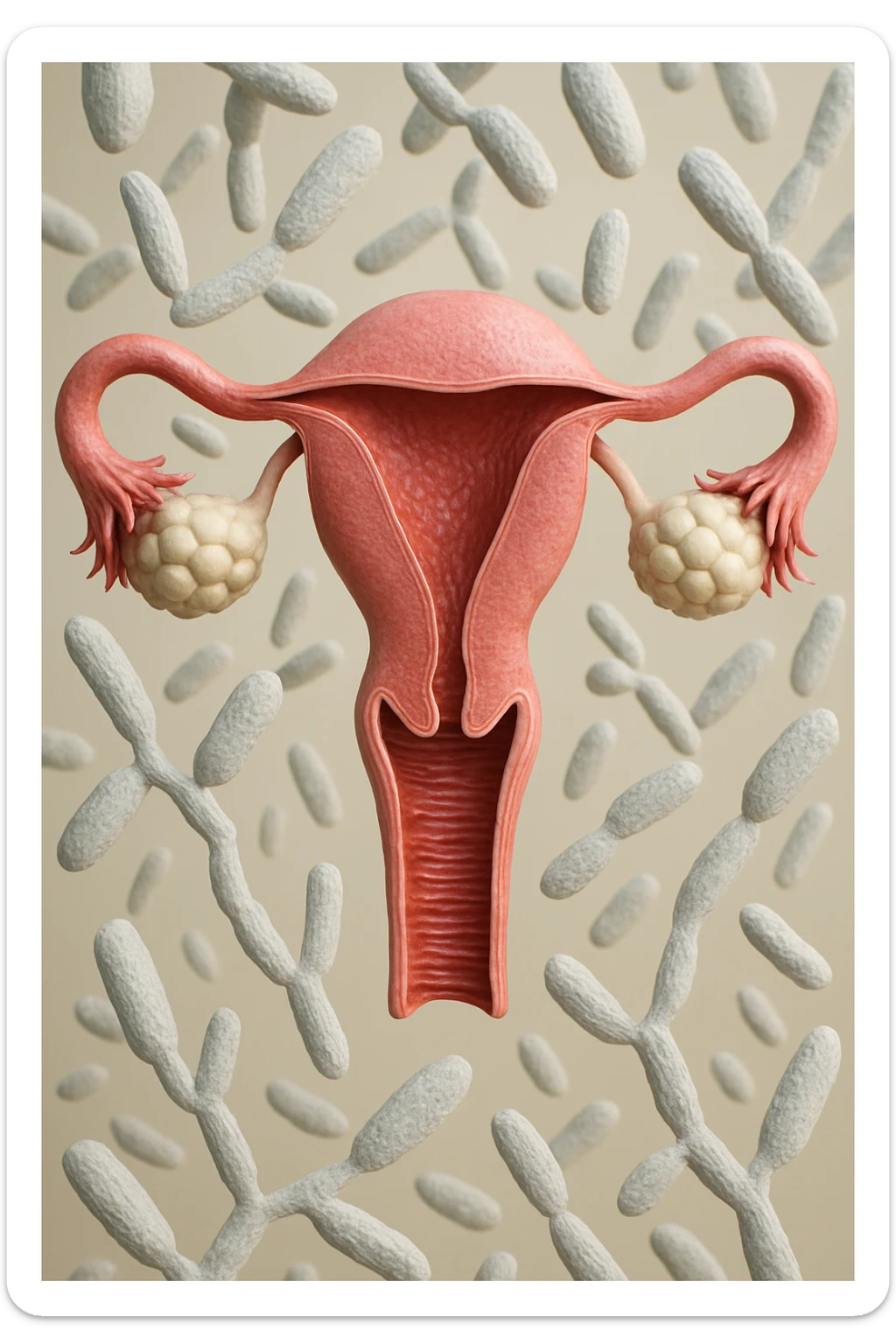 utero umano realistico con batteri della candida intorno, la foto si deve vedere per intero in formato verticale, sullo sfondo neutro chiaro ci sono batteri della candida, iperrealistico 4k sticker
