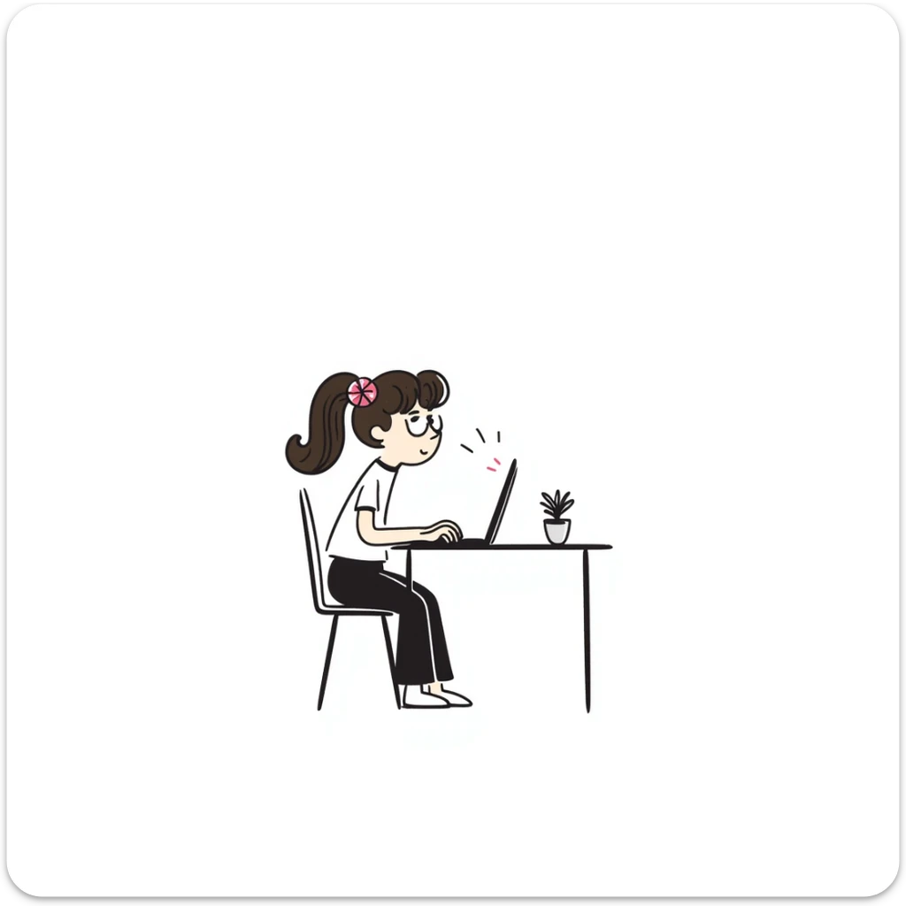 a girl with brunette hair and a pink flower clip in her hair working on a laptop, hand-drawn doodle style sticker