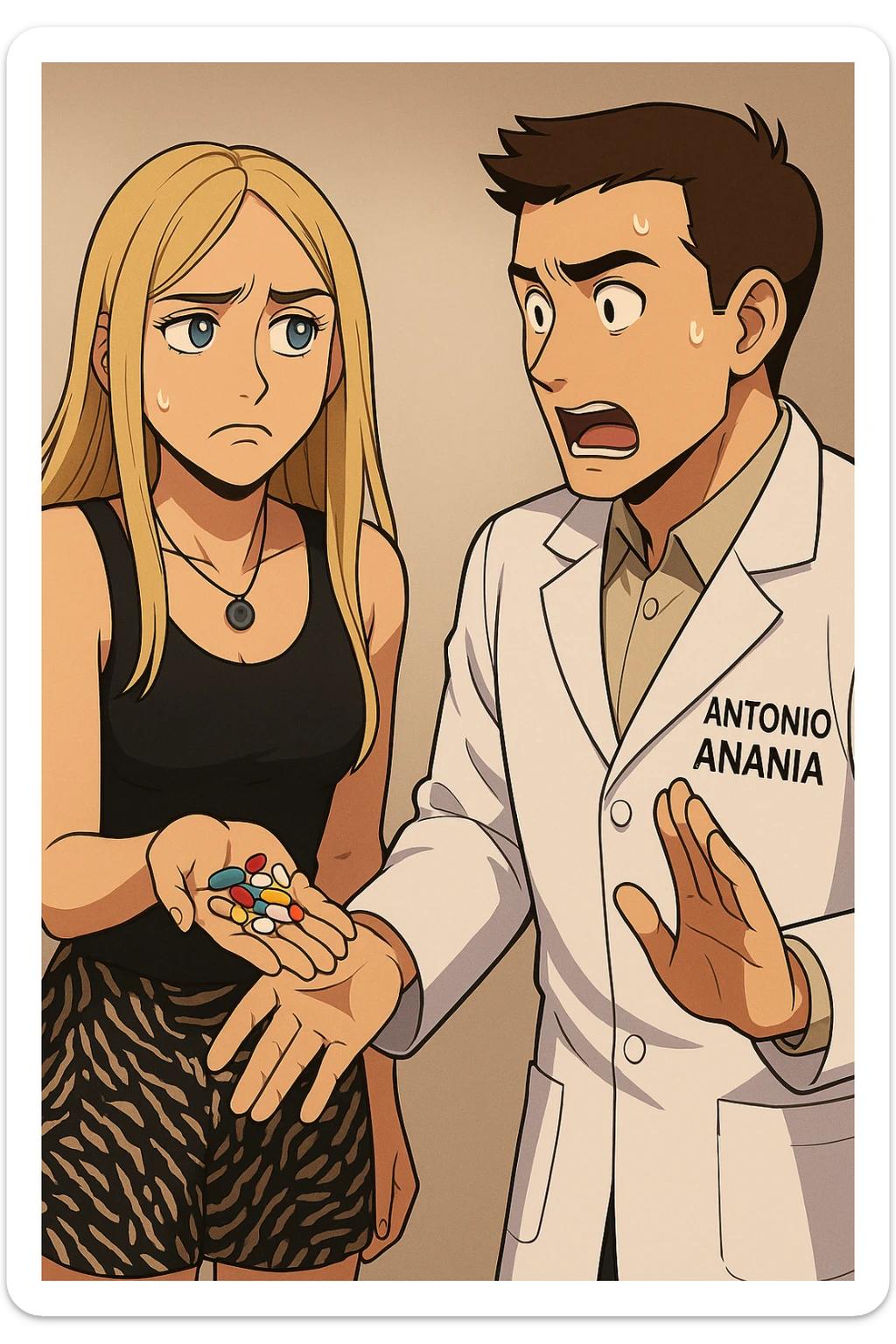 fai un webtoon/manga a colori con questo kinesiologo in camice bianco (fagli la scritta "ANTONIO ANANIA" SUL CAMICE) CHE PARLA CON QUESTA RAGAZZA CON GLI OCCHI AZZURRI. LA RAGAZZA HA UN PUGNO DI INTEGRATORI IN MANO (TANTE PILLOLE DIVERSE) E LE GUARDA DUBBIOSA. IL KINESIOLOGO CON IL CAMICE BIANCO LE DOMANDA UNA COSA SCIOCCATO. NON FARE I FUMETTI, FAI SOLO LORO COME SE DIALOGASSERO sticker