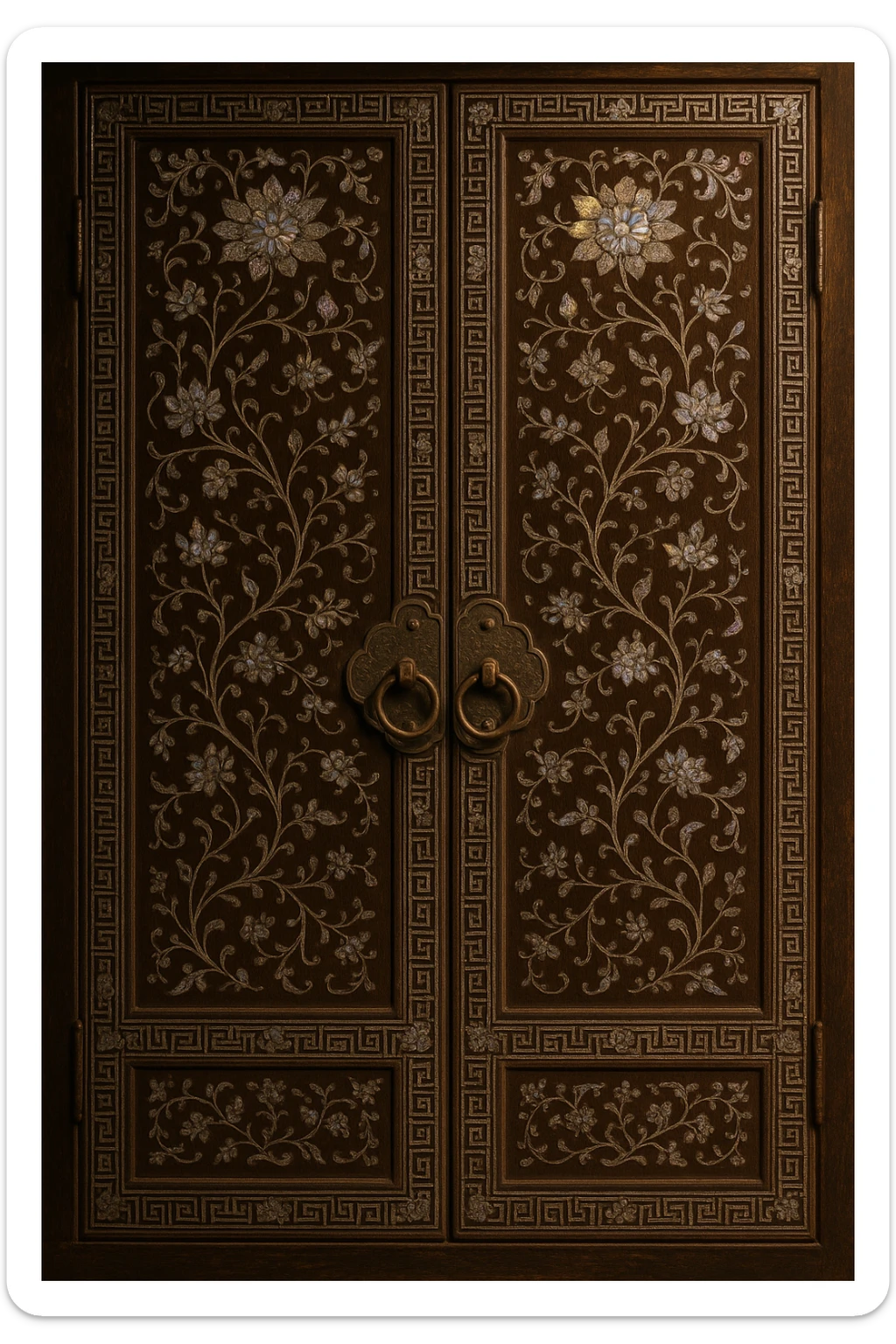 traditional Korean door decorated with mother-of-pearl, sparkling mother-of-pearl pieces and lacquerware patterns, antique and elegant feeling sticker