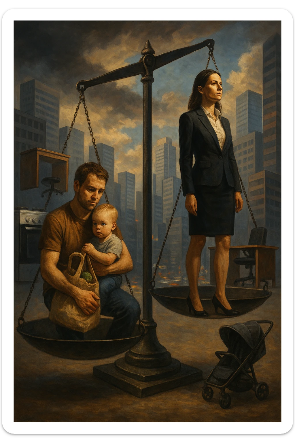 Scena metaforica: una bilancia sociale sbilanciata, con un uomo seduto da un lato con un bambino in braccio e una borsa della spesa, mentre una donna in carriera in abiti formali guarda lontano con espressione determinata. Intorno a loro, simboli confusi dei ruoli tradizionali (fornello, scrivania, passeggino, ufficio). Sullo sfondo, una città moderna e caotica. L’atmosfera è riflessiva, non giudicante. Luci contrastate, come a simboleggiare tensione culturale. in italiano sticker