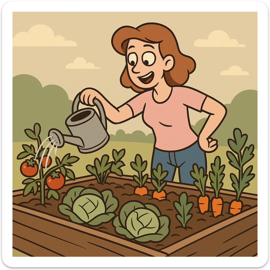 a woman watering plants in a raised bed vegetable garden, flat toon style sticker