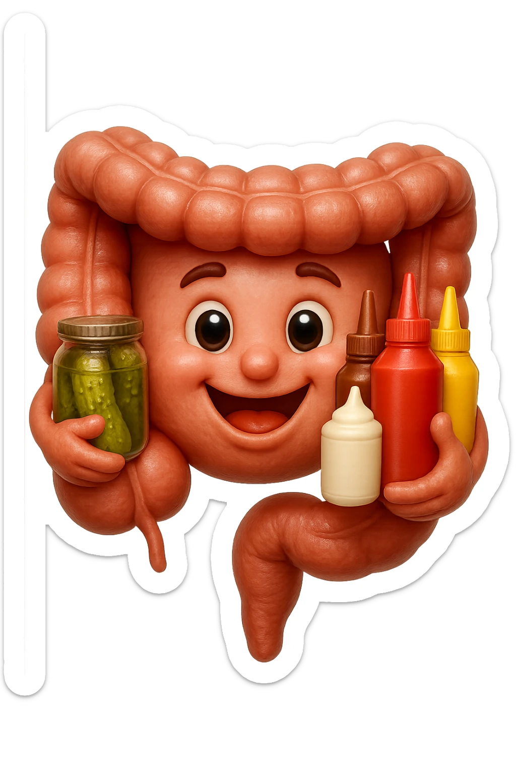 emoji stile iphone di intestino umano con espressione felice mentre tiene in mano cetriolini sottaceto, maionese, salsa barbecue, salsa, senape realistica
IPERREALISTICO 4K sticker