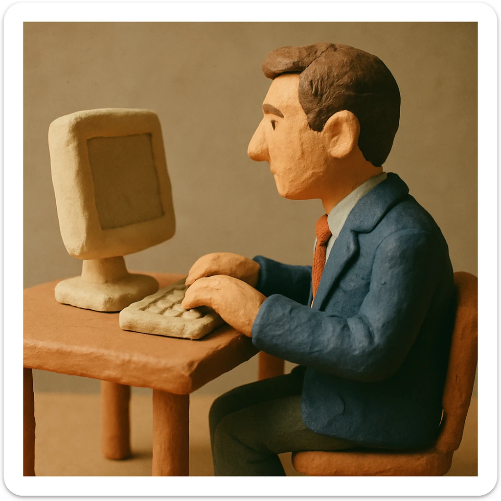 hombre con vestimenta semi-formal, de perfil, frente a una computadora en una mesa sencilla, claymation style sticker