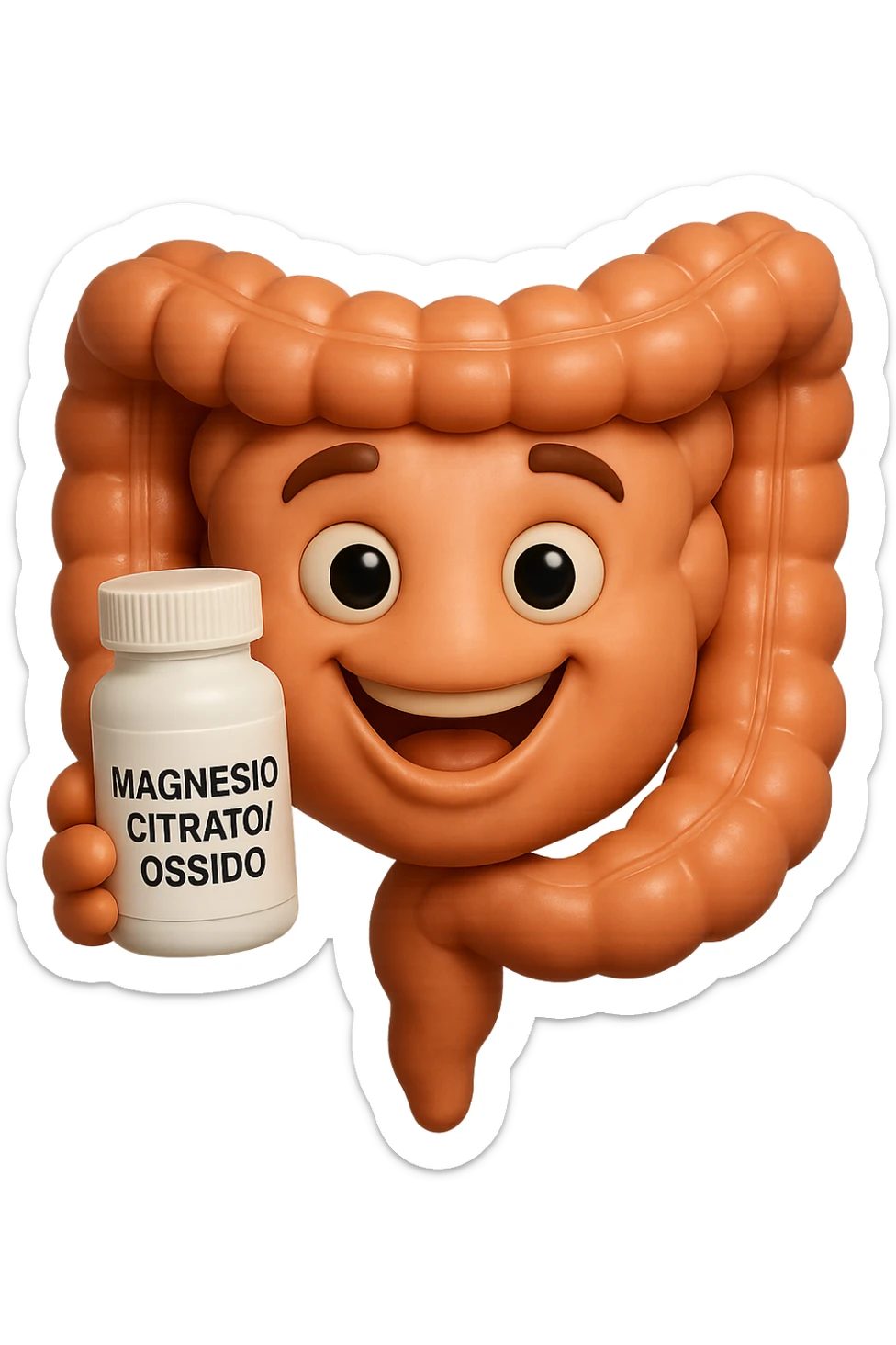 emoji stile iphone 3d di intestino umano felice che tiene in mano una boccetta di magnesio con la scritta "MAGNESIO CITRATO/OSSIDO" SULL'ETICHETTA , iperrealistico 4k sticker