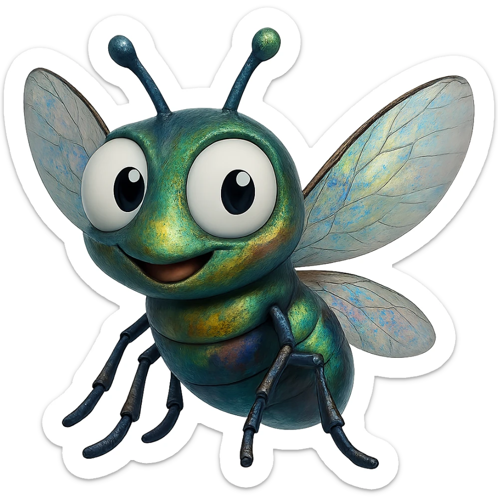 can you change its colors to look more like a real fly but leave it colorful, just add some Iridescent like on a real fly. leave the eyeballs white. trasparent background sticker