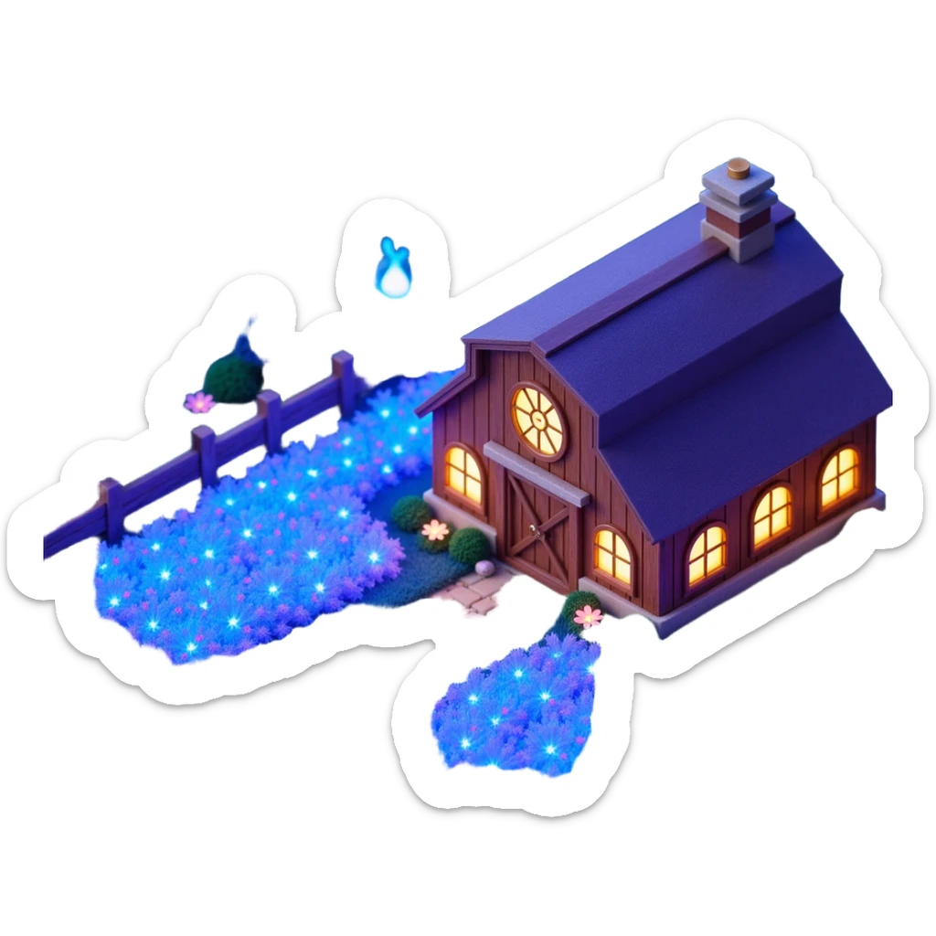 Exterior view of a magical cartoon-style farm with glowing blue and purple plants growing in neat rows, enchanted pipes winding through the fields and walls, soft sparkles floating in the air, mystical symbols carved into the barn, emoji-style sticker