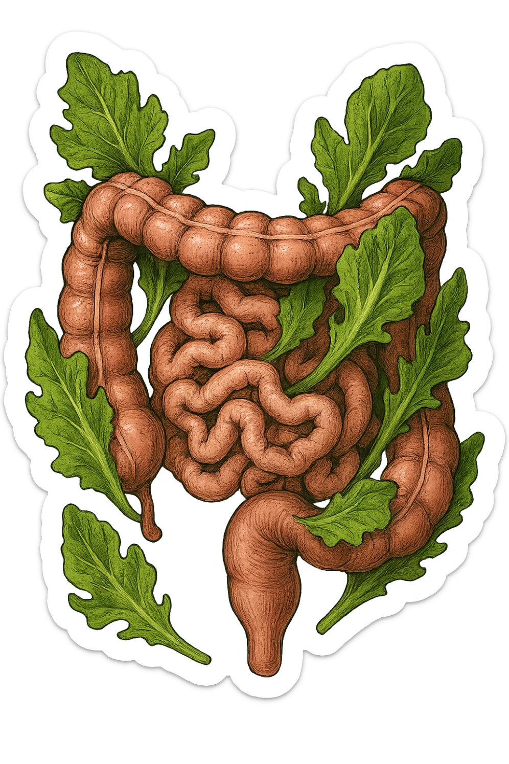 foglie di insalata che attaccano un intestino anatomico umano per distruggerlo sticker