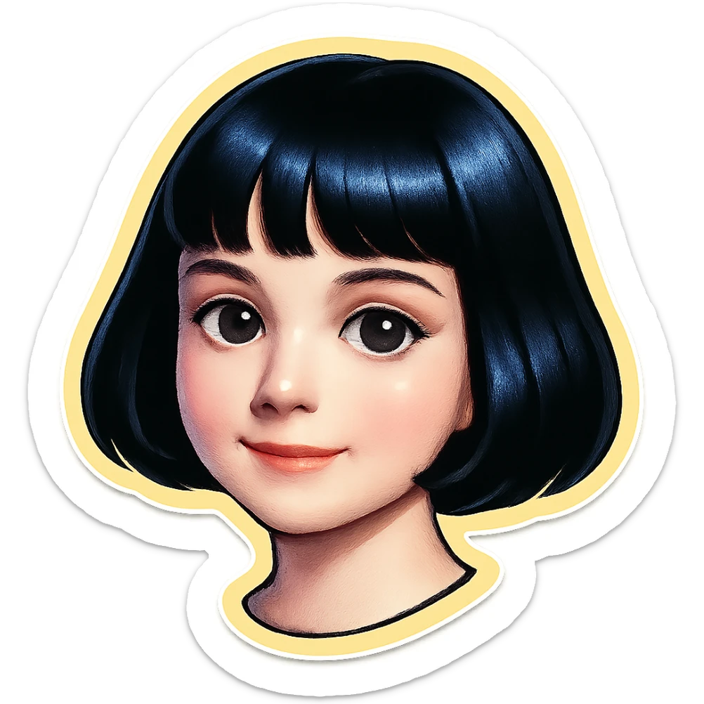 young girl with pale skin, black bob haircut, light makeup, big eyes, slight smile, neat facial features, Telegram sticker style, head only without neck, white background sticker