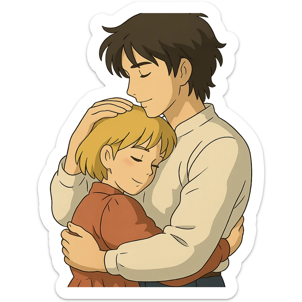 tall dark-haired male cuddling his short blonde girlfriend, ghibli style sticker