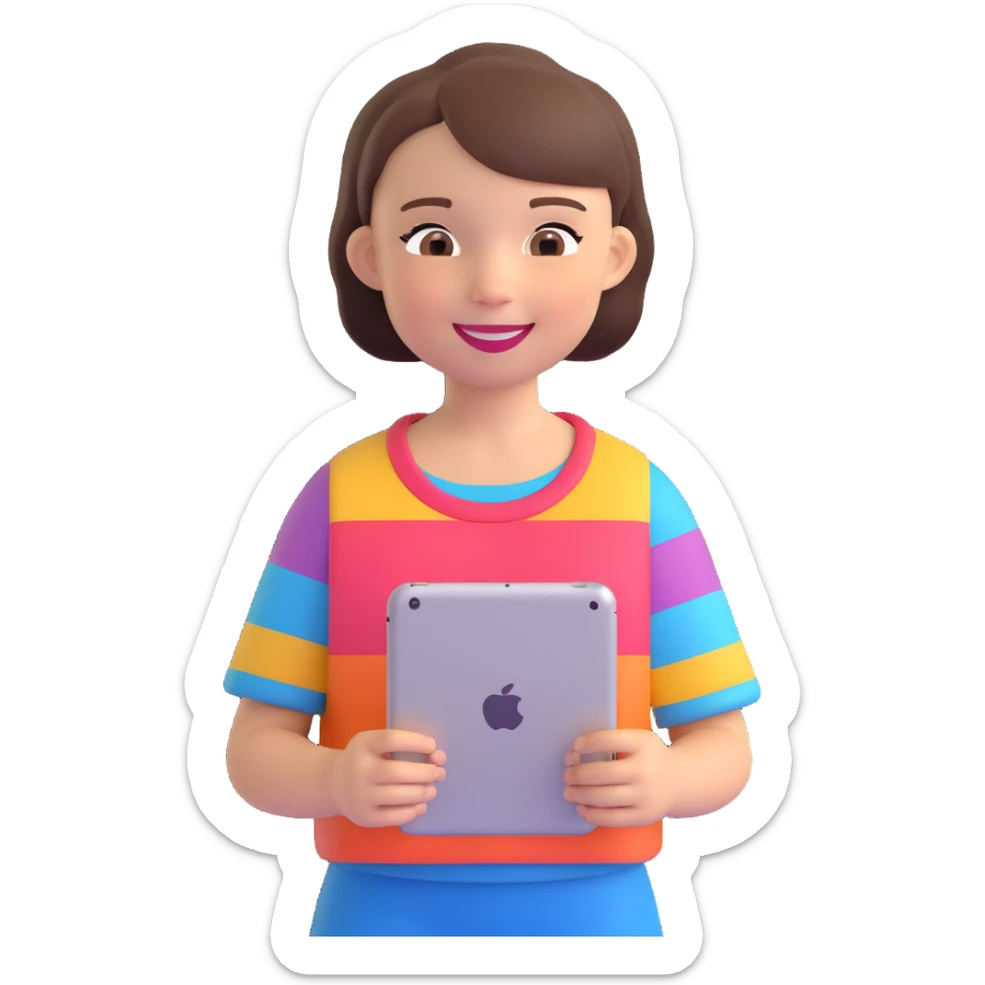 kid holding an iPad, smiling girl with short hair, colorful shirt sticker