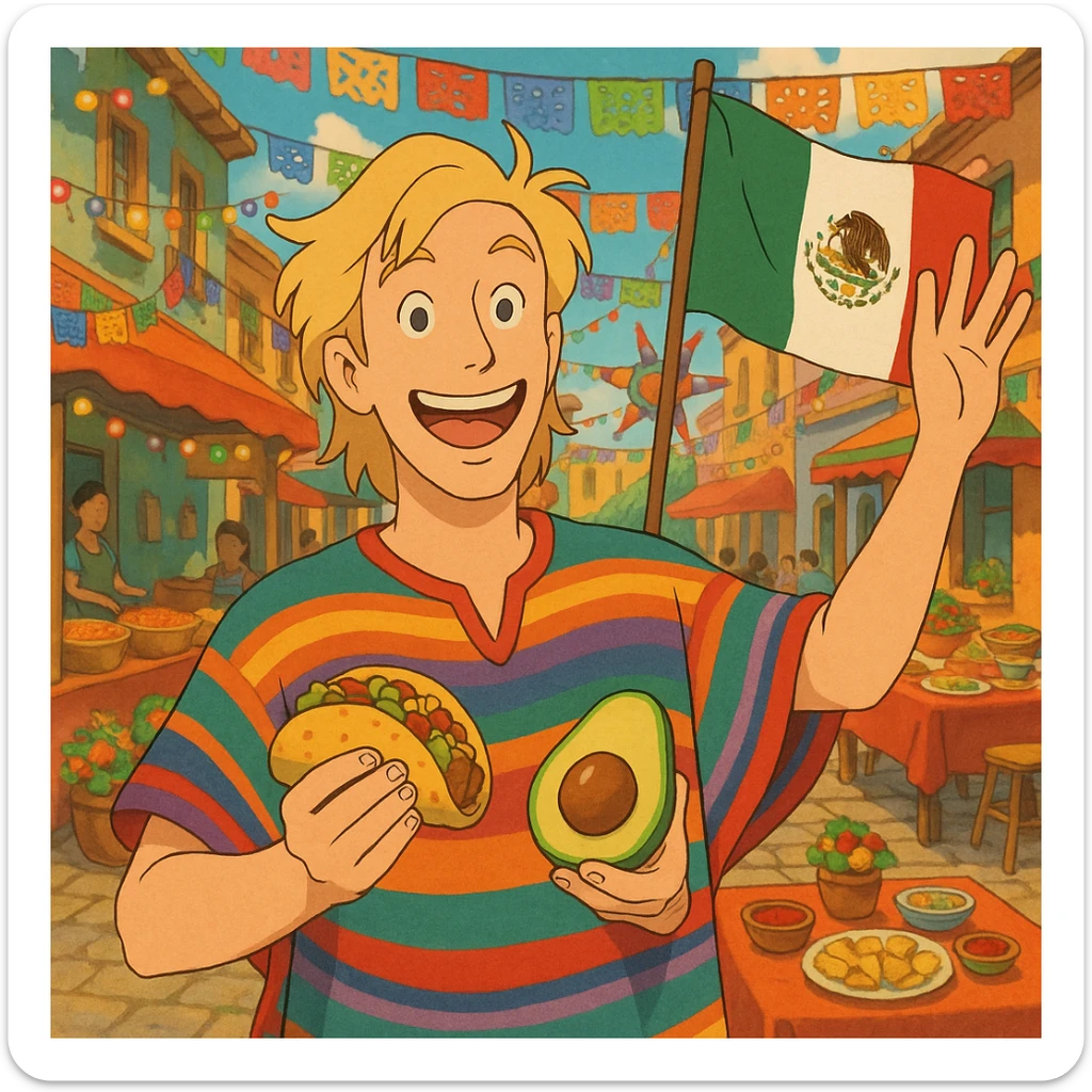 cartoon of a tall blonde American in a colorful poncho, smiling, holding a taco and avocado, waving a Mexico flag, festive street party background with food and decorations sticker