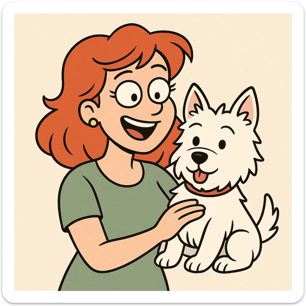 red headed woman with a Westie dog, cartoon style, cheerful atmosphere sticker