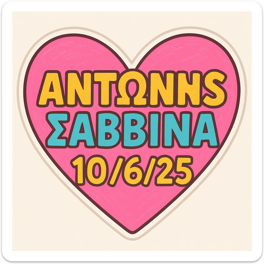 Add the date 10/6/25 below the Greek names ΑΝΤΩΝΗΣ and ΣΑΒΒΙΝΑ in the heart, keeping the playful and colorful style. sticker