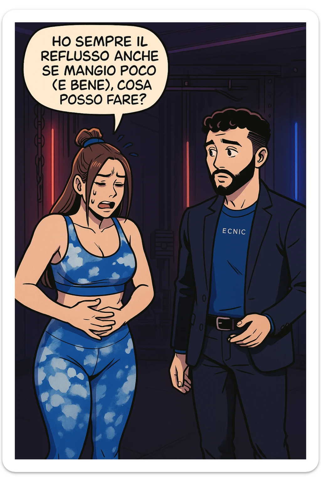 TRASFORMA QUESTO CAROSELLO IN UN FUMETTO STILE WEBTOON/MANGA A COLORI CON QUESTE DUE PERSONE IDENTICHE CHE INTERLOQUISCONO TRA LORO, LA DONNA è DISPERATA CON LE MANI sulla pania perché soffre di reflusso E STA DOMANDANDO TUTTA AGITATA UNA COSA ALL'UOMO:

LEI (DONNA): Ho sempre il reflusso anche se mangio poco (e bene), cosa posso fare?
 sticker