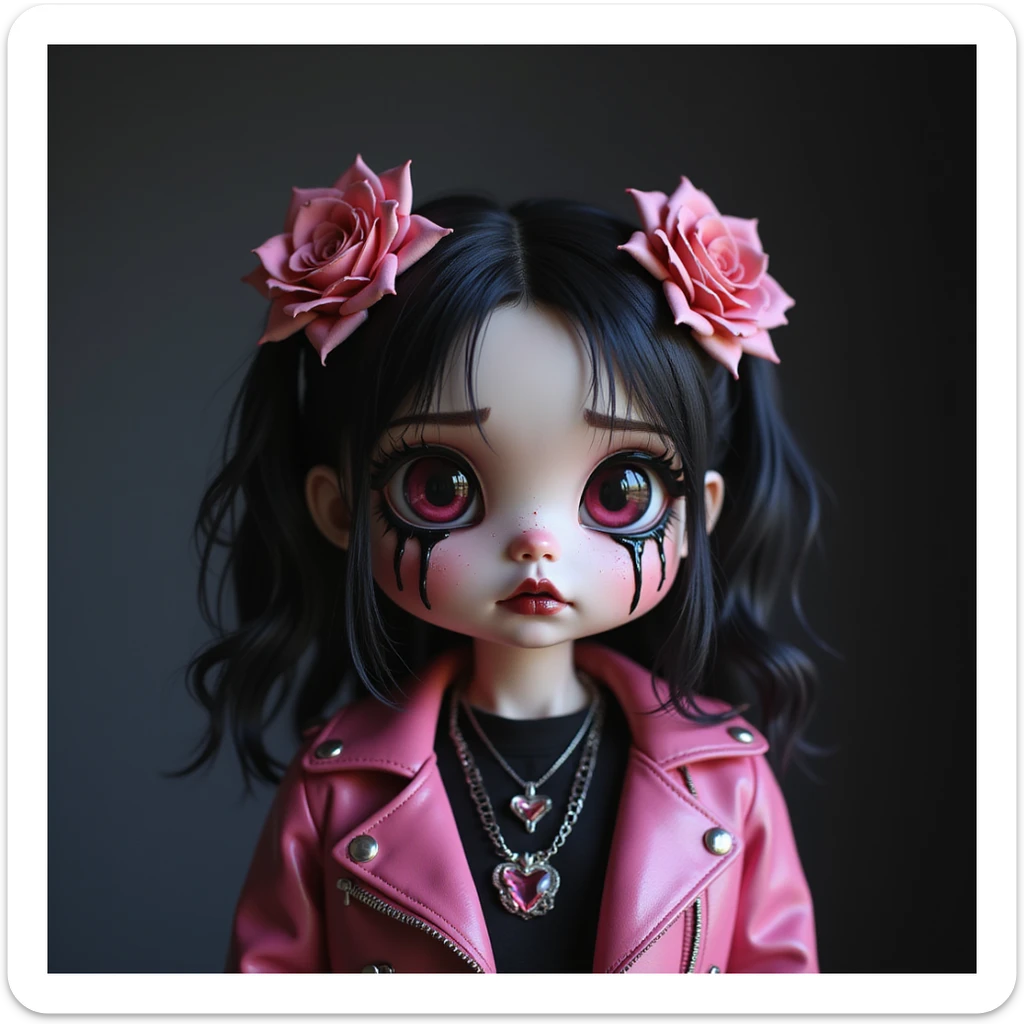 BLACKPINK inspired goth emoji, photorealistic style, black roses, dark tears, haunting look, deep shadows, pink leather jacket sticker