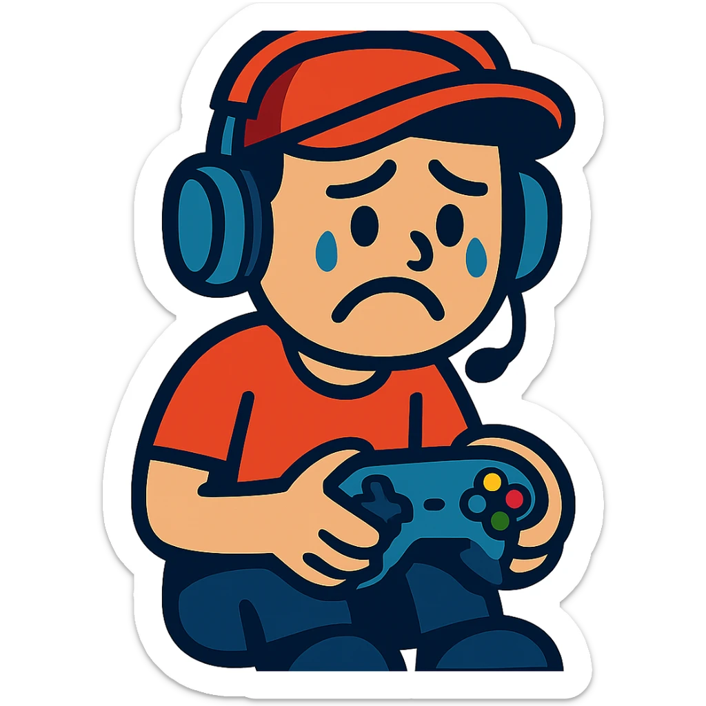 sad video gamer, cartoon style, vibrant colors sticker