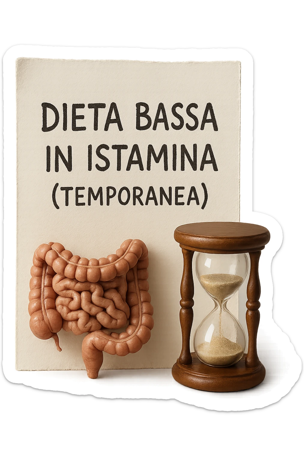 foglio di carta di una dieta con la scritta "DIETA BASSA IN ISTAMINA (TEMPORANEA), E ACCANTO CI METTI UN INTESTINO IN MINIATURA E UNA CLESSIDRA, iperrealistico 4k sticker