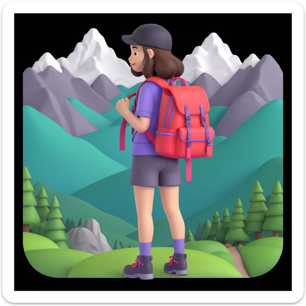 portrait of girl back packing mountains in background, close up pose sticker