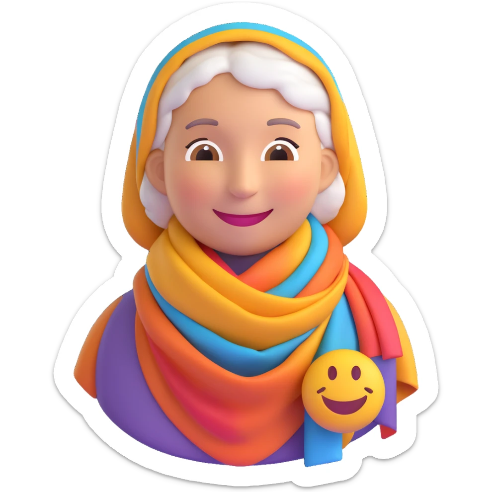 3D smiley emoji, round shape, grandmother wearing a colorful scarf, purple color, smiling face sticker