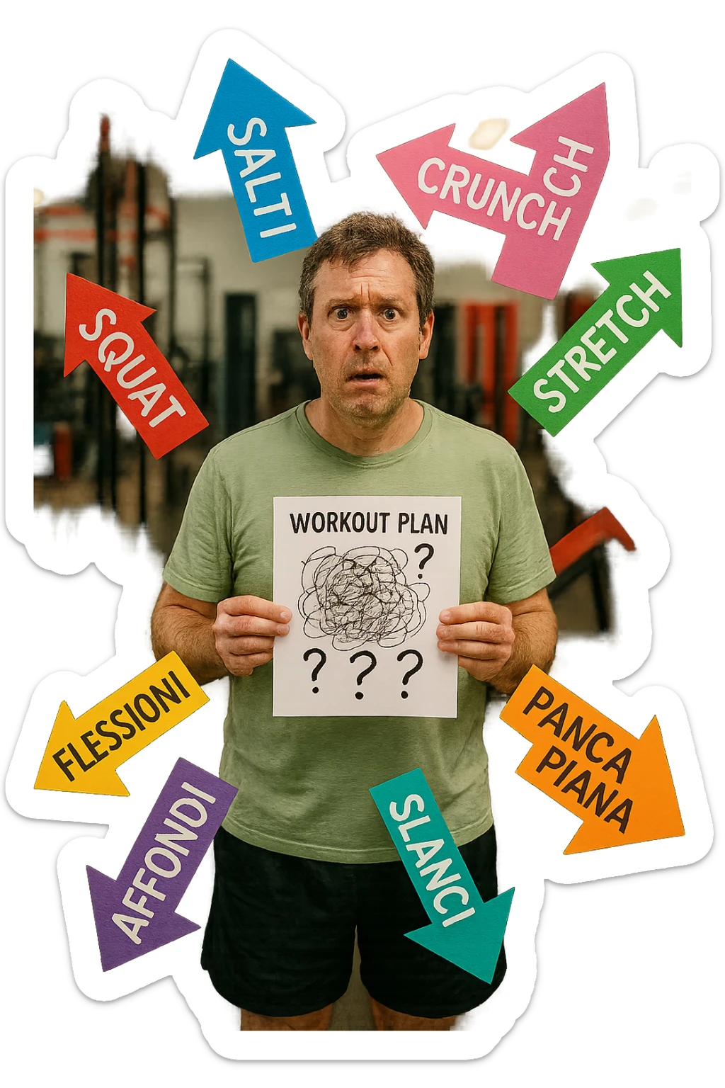 a person stands in the center of a gym, surrounded by arrows pointing in all directions, each labeled with a different exercise (e.g., “squat,” “Salti,” “stretch,” “Panca Piana”). The person looks bewildered, holding a workout plan with scribbles and question marks. The scene is colorful but visually messy, symbolizing confusion. in italiano immagine iperrealistica sticker