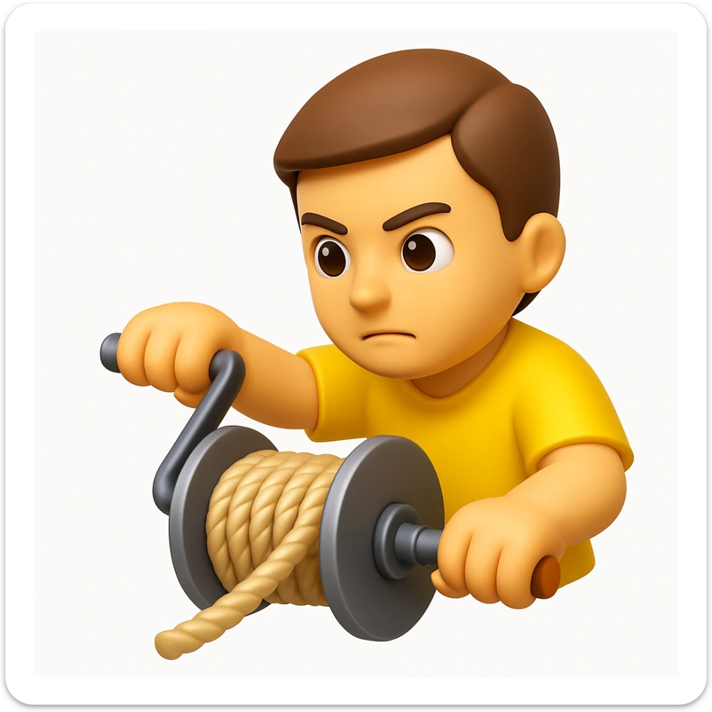 A 3D emoji in iOS emoji aesthetic style of a person turning a side crank to wind a thick rope onto a metal spool, showing the winding motion clearly, focused expression, soft shadows, glossy Apple-style finish, clean white background. sticker