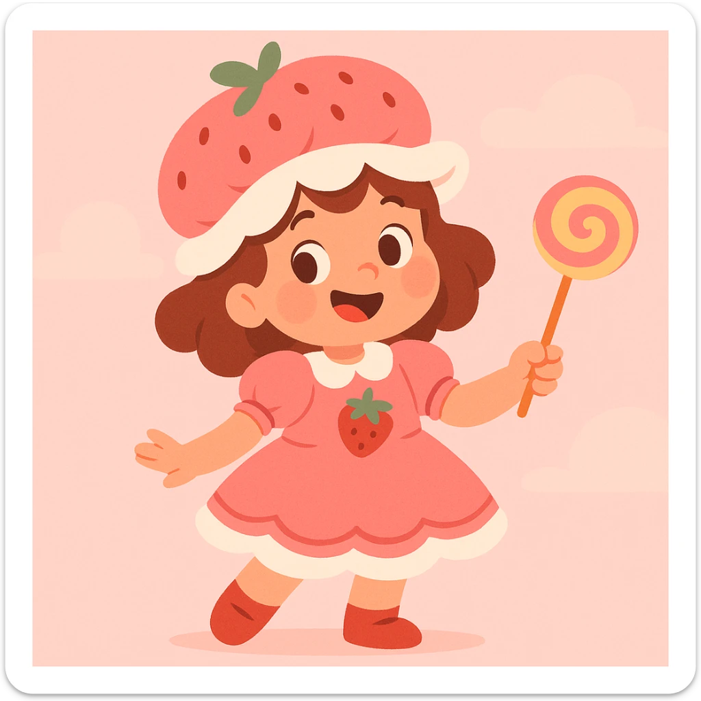 little girl in a strawberry shortcake dress, holding a candy wand, pastel background, pastel toon style sticker