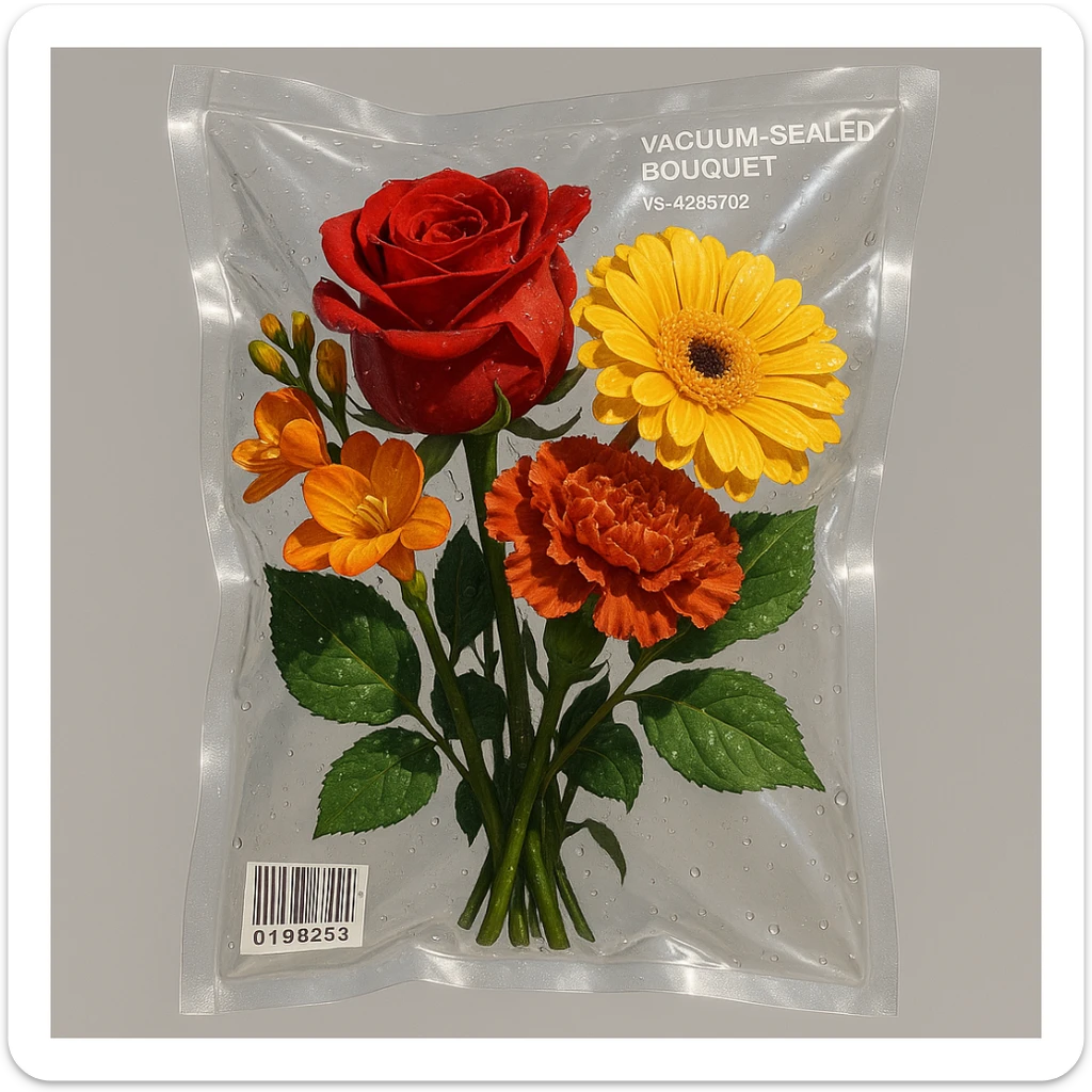 vacuum-sealed bouquet of flowers, pressed and glossy in clear plastic sticker