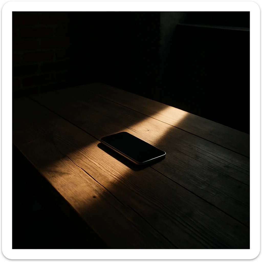 dark room in loft style, iphone lies on wooden table, beam of light shines directly on it and on table sticker