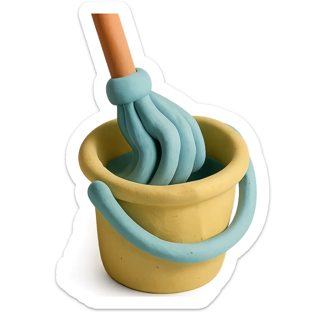 close-up of mop wringing out in a bucket, soft lighting, pastel colors, claymation style sticker
