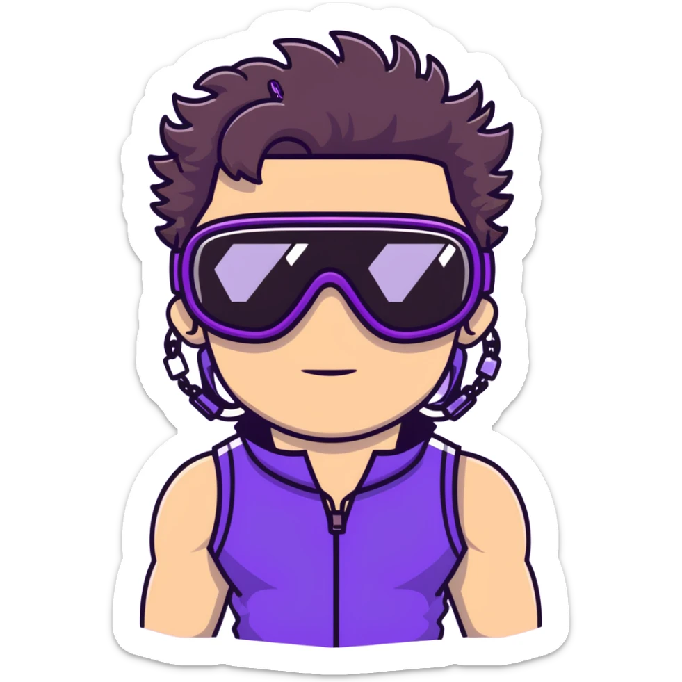 close-up of male athlete with white skin and moderately curly dark brown hair on top with shaved sides, wearing ski goggles with purple frames and very dark black lenses, a simple plain black chain necklace, and a completely unzipped sleeveless vest with purple and black sequin fire pattern design with no logo, with an arrogant smug smirk on his face, looking confident and cocky sticker