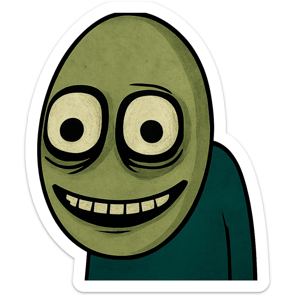 Salad Fingers character, close-up of face, eerie smile, greenish hue, cartoon style sticker