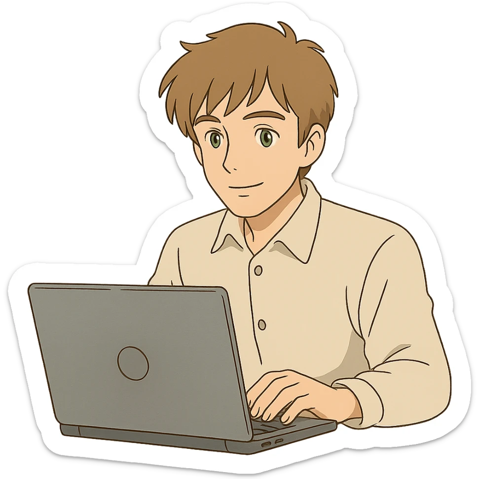 ghibli style man with light brown hair and green eyes sitting in front of a laptop sticker