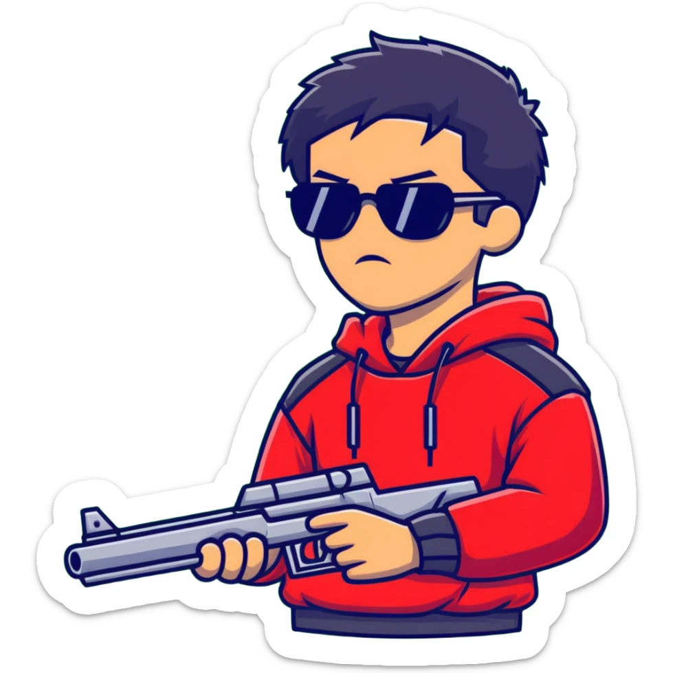 A guy in a red sweatshirt with sunglasses, with stylish black hair, holding a machine gun, and behind his back you can see the inscription: PRED sticker