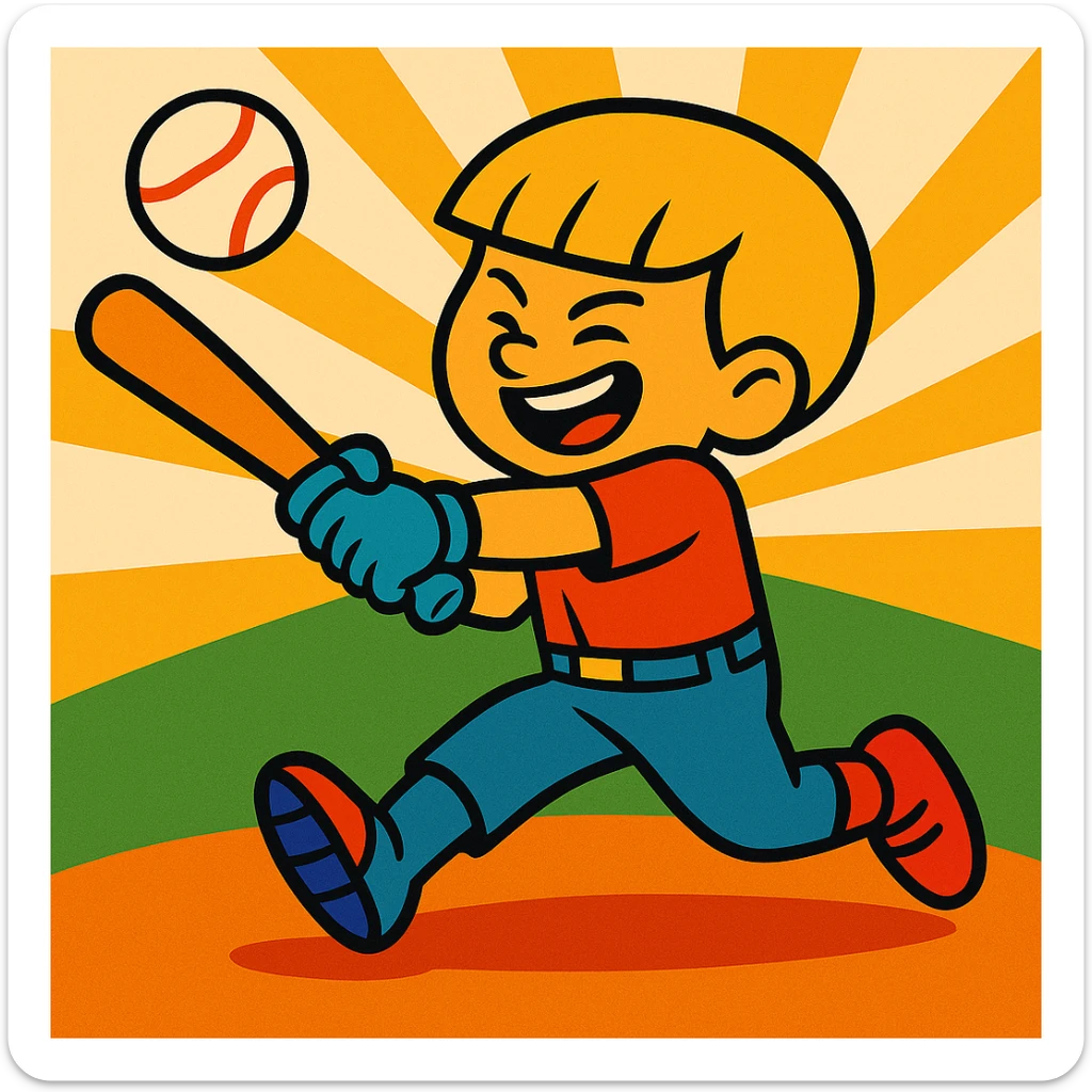 Change the boy's hair to blonde, keep the bowl cut, vibrant cartoon style, hitting a home run in baseball, dynamic action, expressive, clear baseball bat and ball, energetic pose. sticker