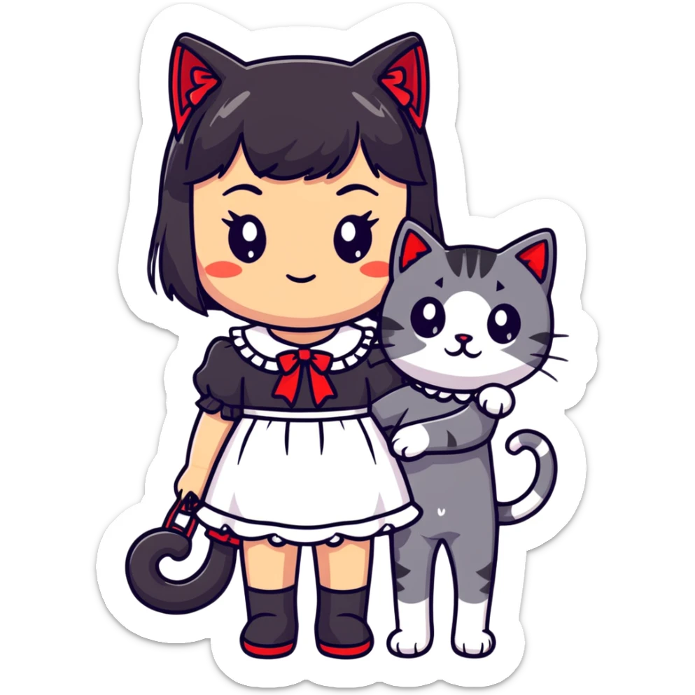 girl with black Lolita dress and black hair with red tips next to an American Shorthair tabby cat sticker