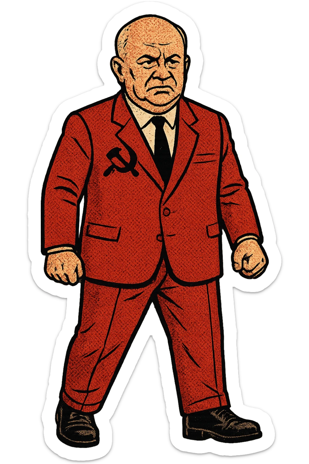 The full body of a male middle aged Russian leader who looks like Nikita Khrushchev wearing a red suit with the communist party logo and looking seriously sticker